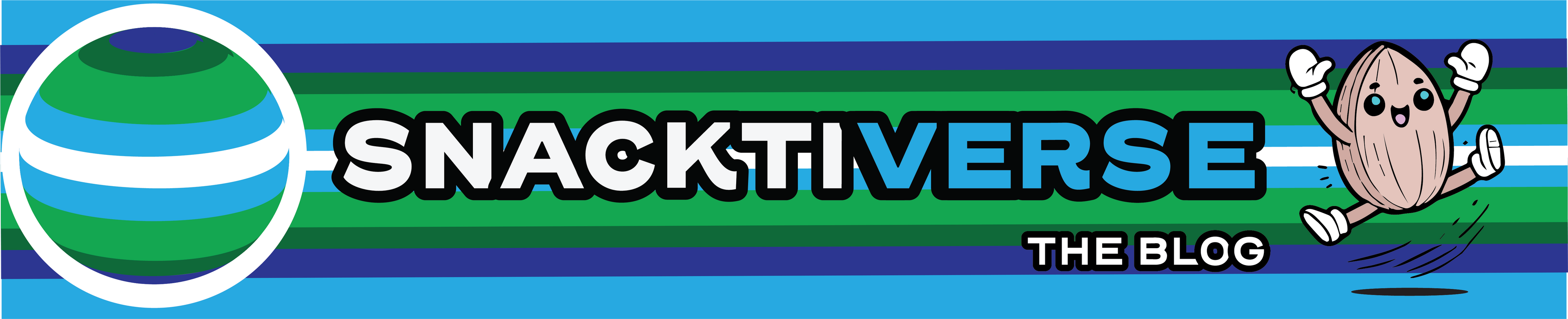 Banner header for Snacktiverse: The Blog with Ally the almond a jumping Snacktives cartoon character on a blue and green striped background with a light blue background