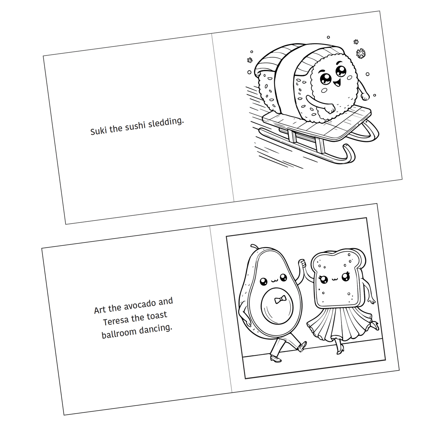 Detail of two coloring pages shown from the Active Snacks Coloring Book Volume 1 Fitness Edition. Suki the sushi sledding on one page and on the other page: Art the avocado and Teresa the toast ballroom dancing.