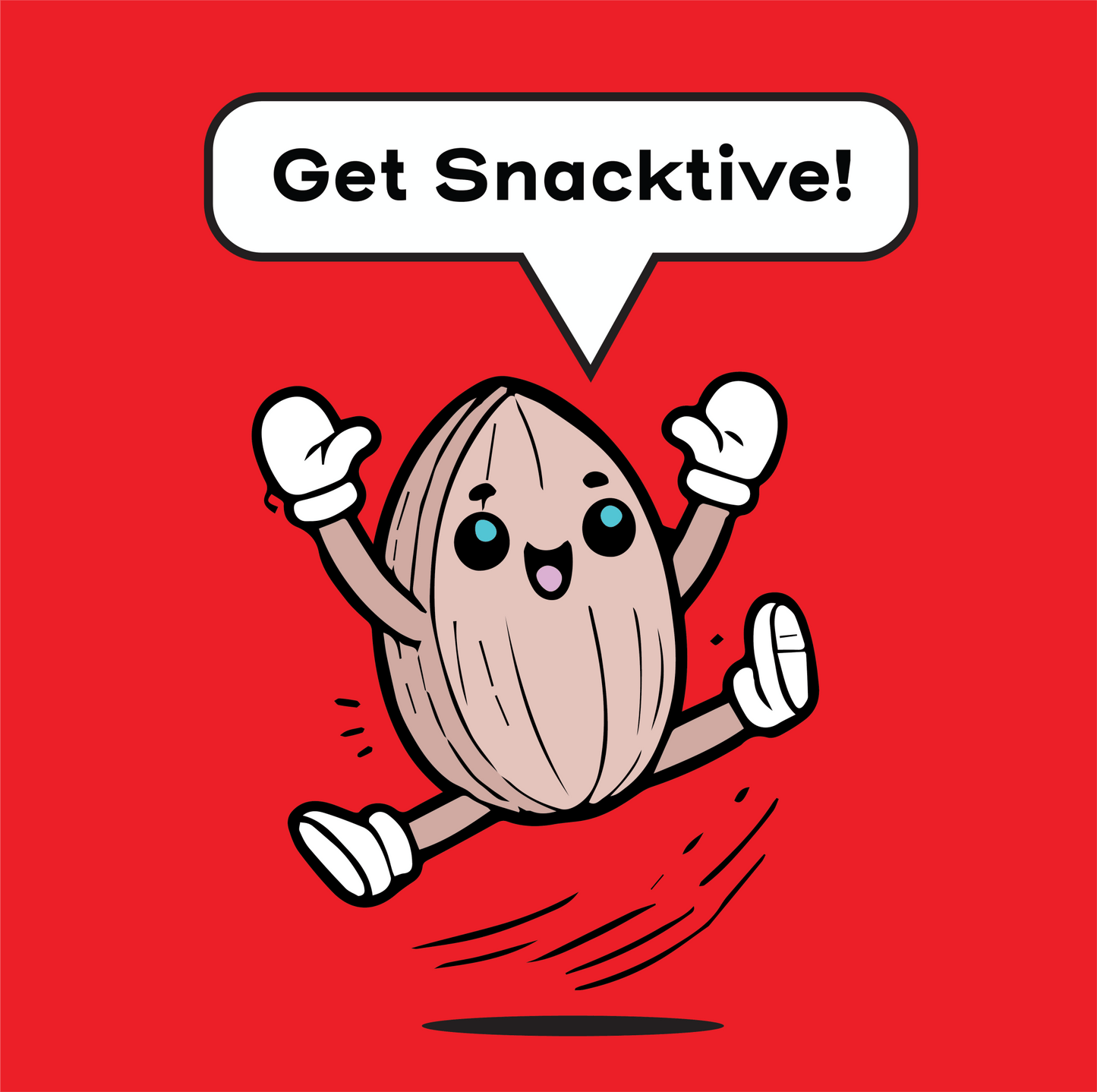 Ally the almond Snacktives cartoon character jumping with joy with a speech bubble saying 'Get Snacktive!' on a red background