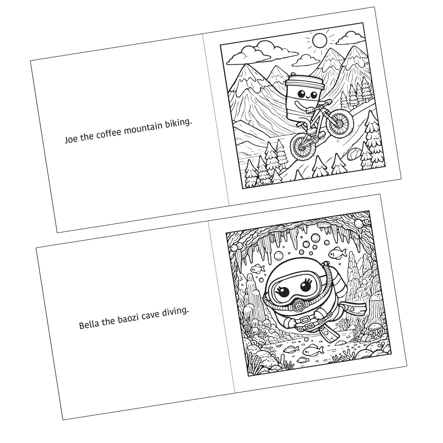 Detail of two coloring pages shown from the Active Snacks Coloring Book Volume 3 Adventure Edition. Joe the coffee mountain biking is on one page and the other shows Bella the baozi cave diving.