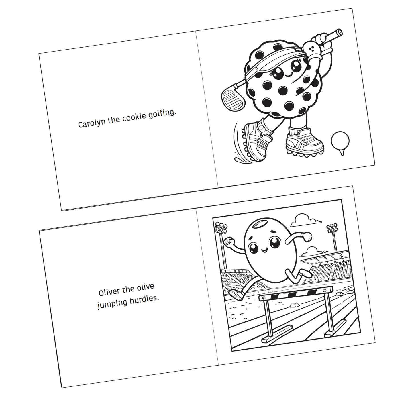 Detail of two coloring pages shown from the Active Snacks Coloring Book Volume 2 Sports Edition. Carolyn the cookie golfing is on one page and the other shows Oliver the olive jumping hurdles in a track stadium.