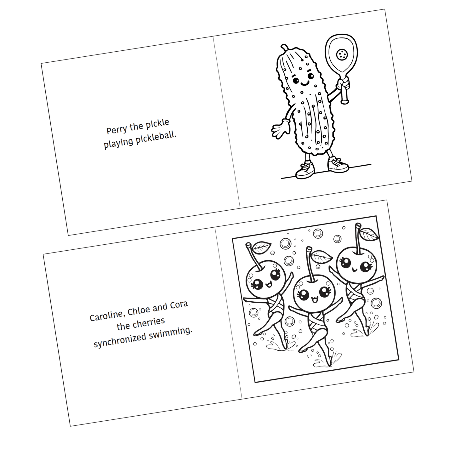 Detail of two coloring pages shown from the Active Snacks Coloring Book Volume 2 Sports Edition. Perry the pickle playing pickleball is on one page and the other shows Caroline, Chloe and Cora the cherries synchronized swimming in unison.
