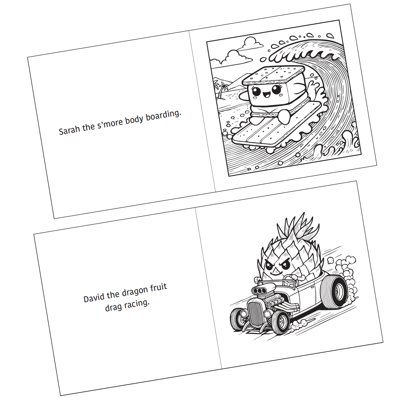 Detail of two coloring pages shown from the Active Snacks Coloring Book Volume 3 Adventure Edition. Sarah the s'more body boarding is on one page and the other shows David the dragon fruit drag racing in a souped-up car.