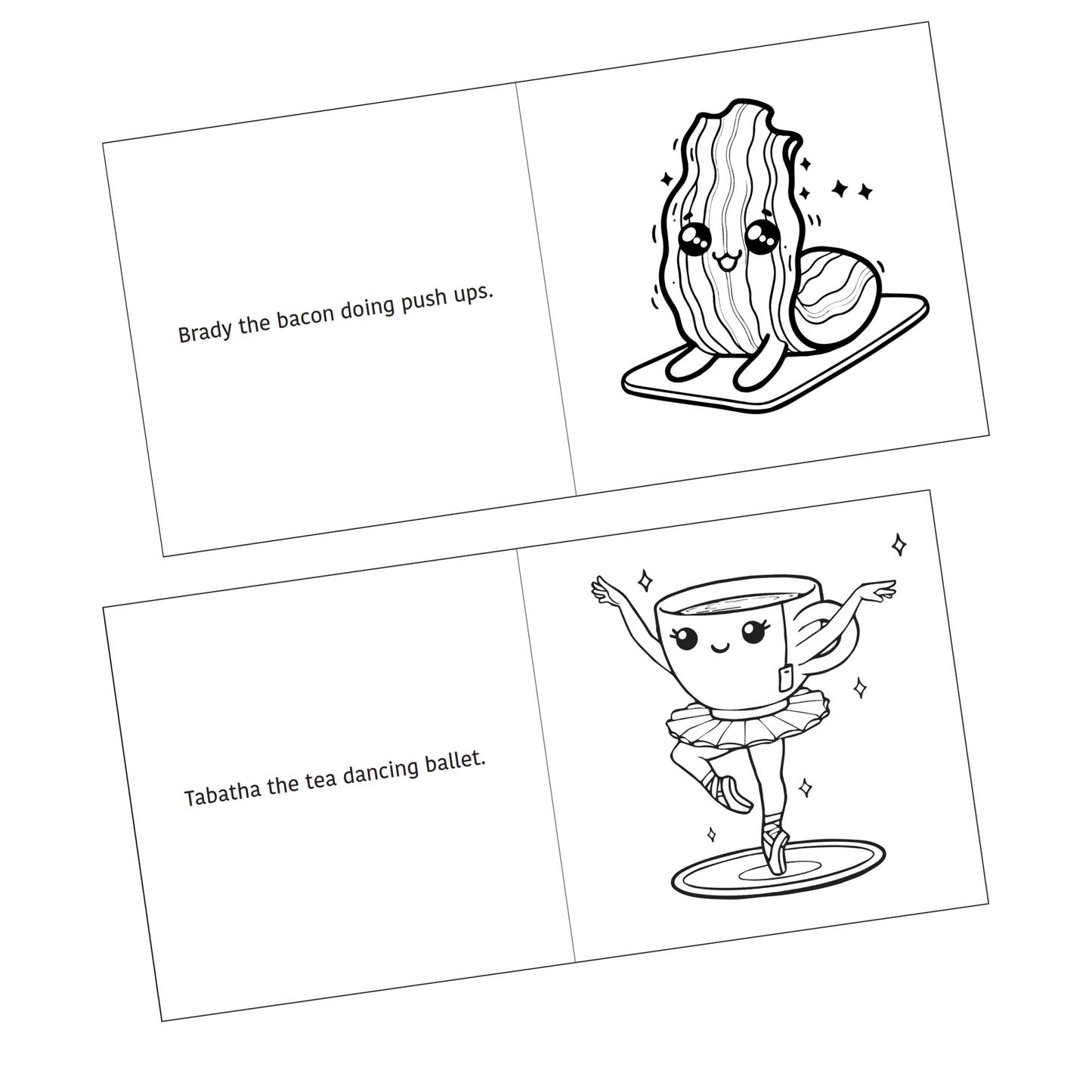 Detail of two coloring pages shown from the Active Snacks Coloring Book Volume 1 Fitness Edition. Brady the bacon doing push ups on a yoga mat on one page and the other shows Tabatha the tea dancing ballet. She is blanancing on pointe on the saucer,
