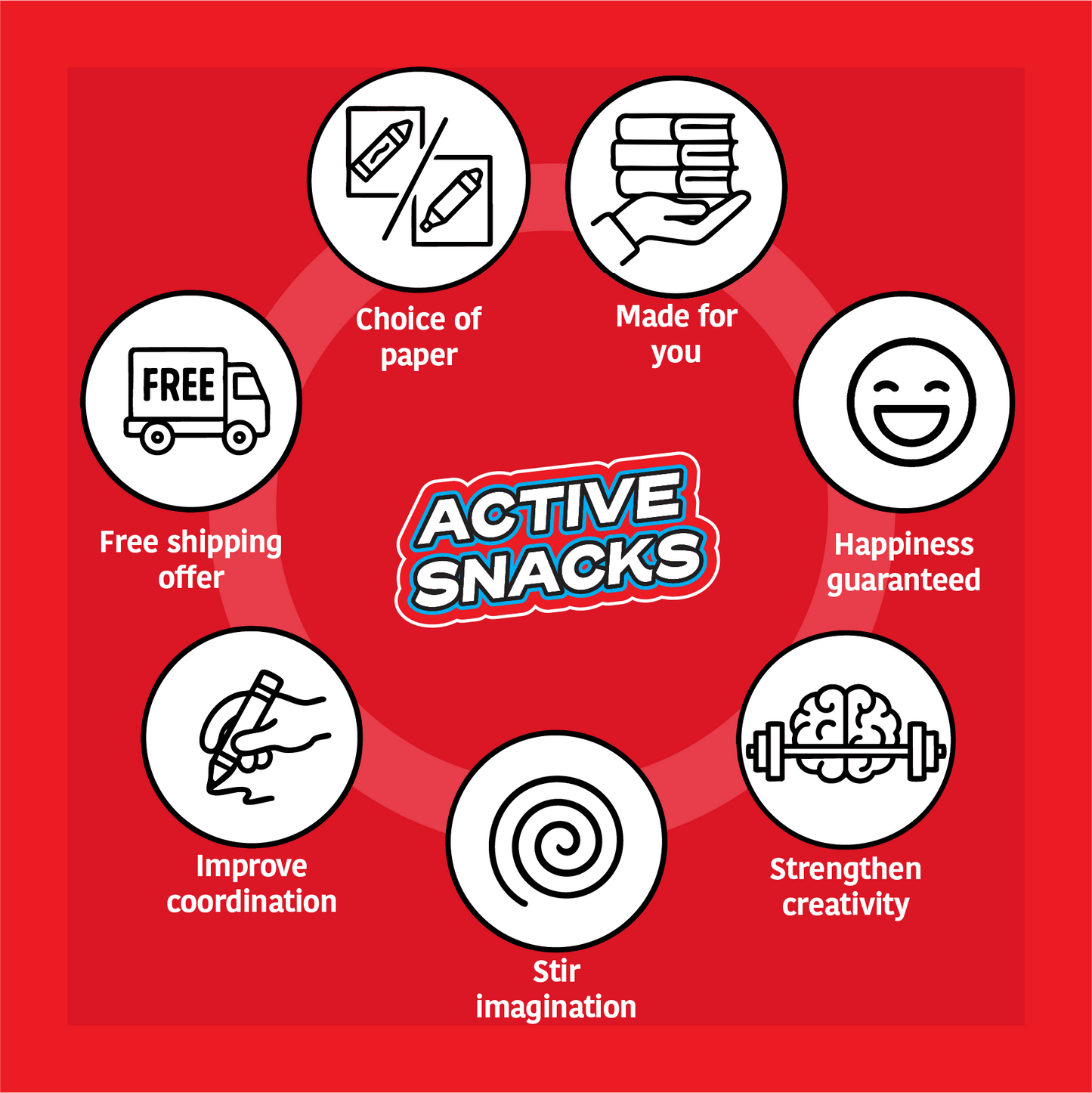 Promotional graphic for Active Snacks with icons and text on a red background. The "Active Snacks" logo is in the center and s surrounded by 7 icons and phrases. The phrases read: "Improve coordination", "Stir imagination", "Strengthen creativity", "Happiness guaranteed", "Made for you", "Choice of paper" and "Free shipping offer."
