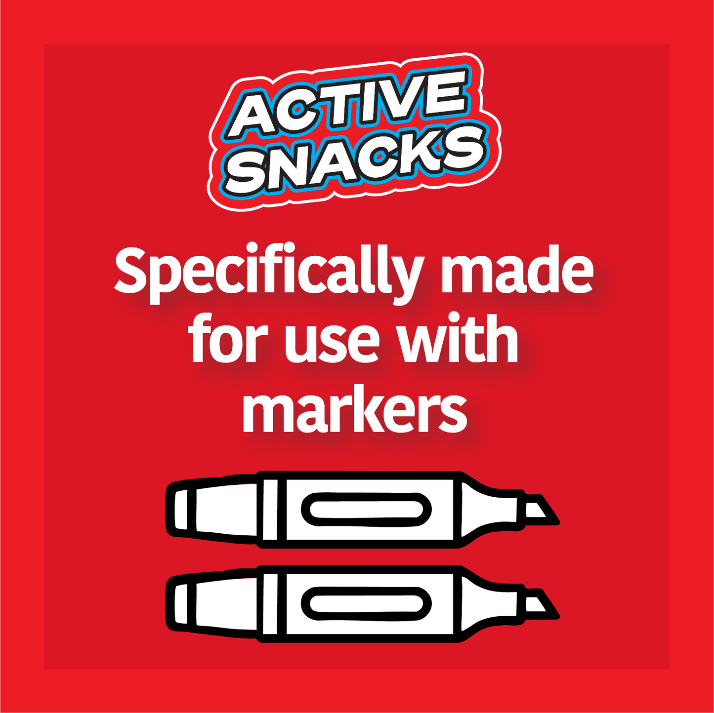 Active Snacks promotional material on a red background. The "Active Snacks" logo is shown with the text "Specifically made for use with markers" with illustrations of markers.