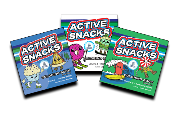 Three 'Active Snacks' coloring books on a white background
