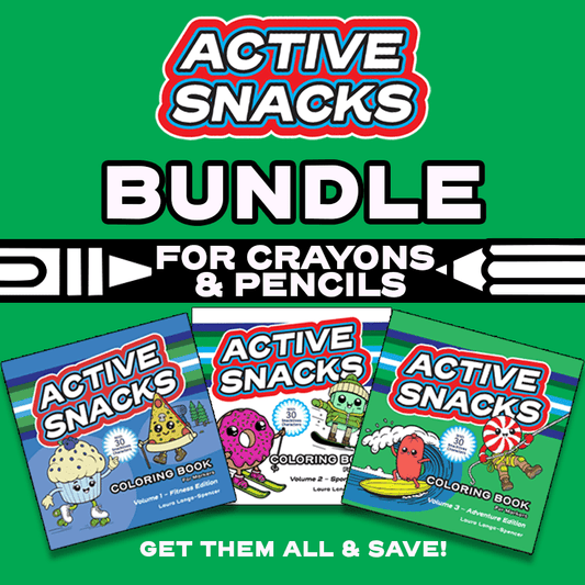 Active Snacks coloring books bundle of three books, volume 1 Fitness Edition, Volume 2 Sports Edition and Volume 3 Adventure Edition  on a green background with promotional text that says "Active Snacks bundle for crayons and pencils" and then "Get them all & save"