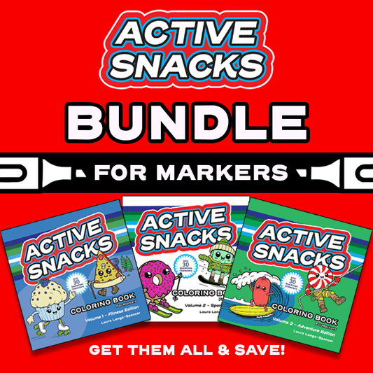 Active Snacks coloring books bundle of three books, volume 1 Fitness Edition, Volume 2 Sports Edition and Volume 3 Adventure Edition  on a red background with promotional text that says "Active Snacks bundle for markers" and then "Get them all & save"