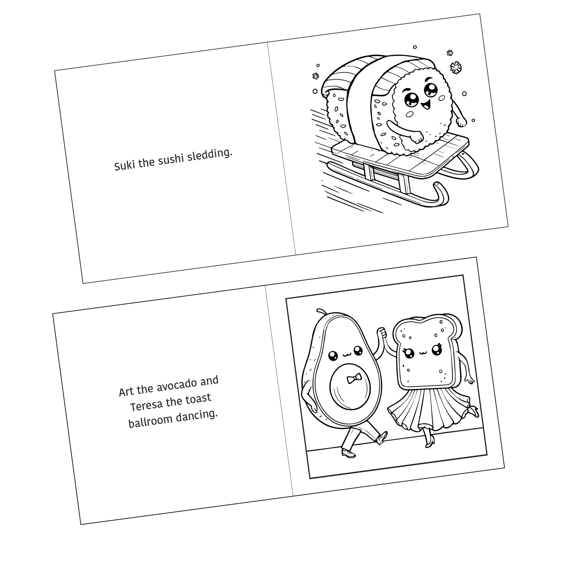 Detail of two coloring pages shown from the Active Snacks Coloring Book Volume 1 Fitness Edition. Suki the sushi sledding on one page and on the other page: Art the avocado and Teresa the toast ballroom dancing.