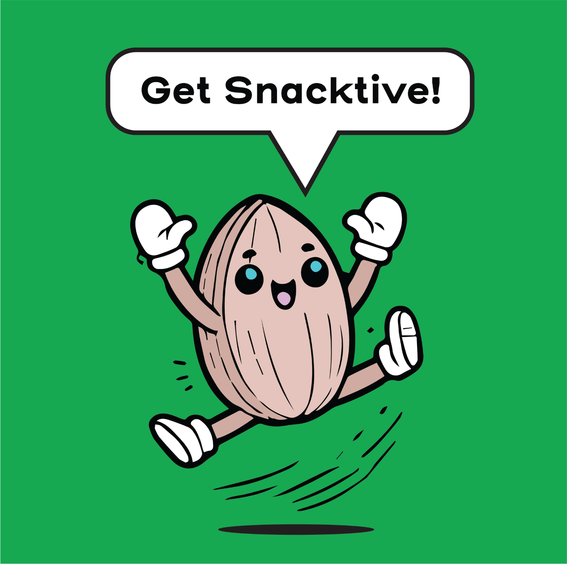 Ally the almond Snacktives cartoon character jumping with joy with a speech bubble saying 'Get Snacktive!' on a green background