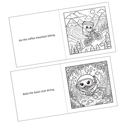 Detail of two coloring pages shown from the Active Snacks Coloring Book Volume 3 Adventure Edition. Joe the coffee mountain biking is on one page and the other shows Bella the baozi cave diving.