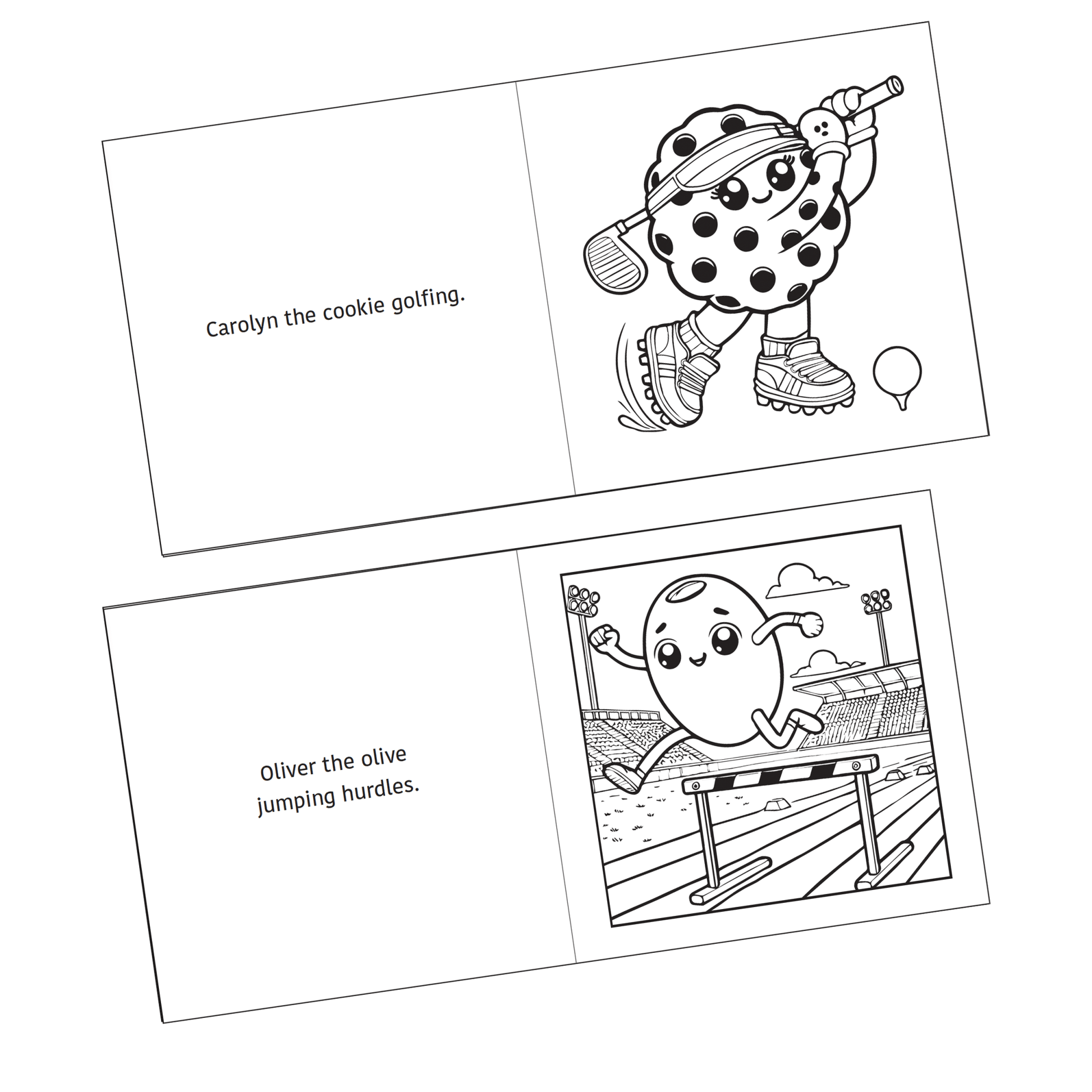 Detail of two coloring pages shown from the Active Snacks Coloring Book Volume 2 Sports Edition. Carolyn the cookie golfing is on one page and the other shows Oliver the olive jumping hurdles in a track stadium.