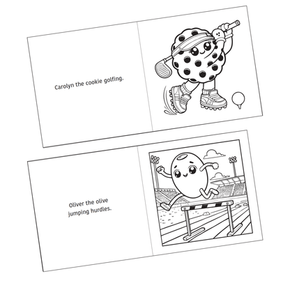 Detail of two coloring pages shown from the Active Snacks Coloring Book Volume 2 Sports Edition. Carolyn the cookie golfing is on one page and the other shows Oliver the olive jumping hurdles in a track stadium.