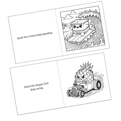 Detail of two coloring pages shown from the Active Snacks Coloring Book Volume 3 Adventure Edition. Sarah the s'more body boarding is on one page and the other shows David the dragon fruit drag racing in a souped-up car.