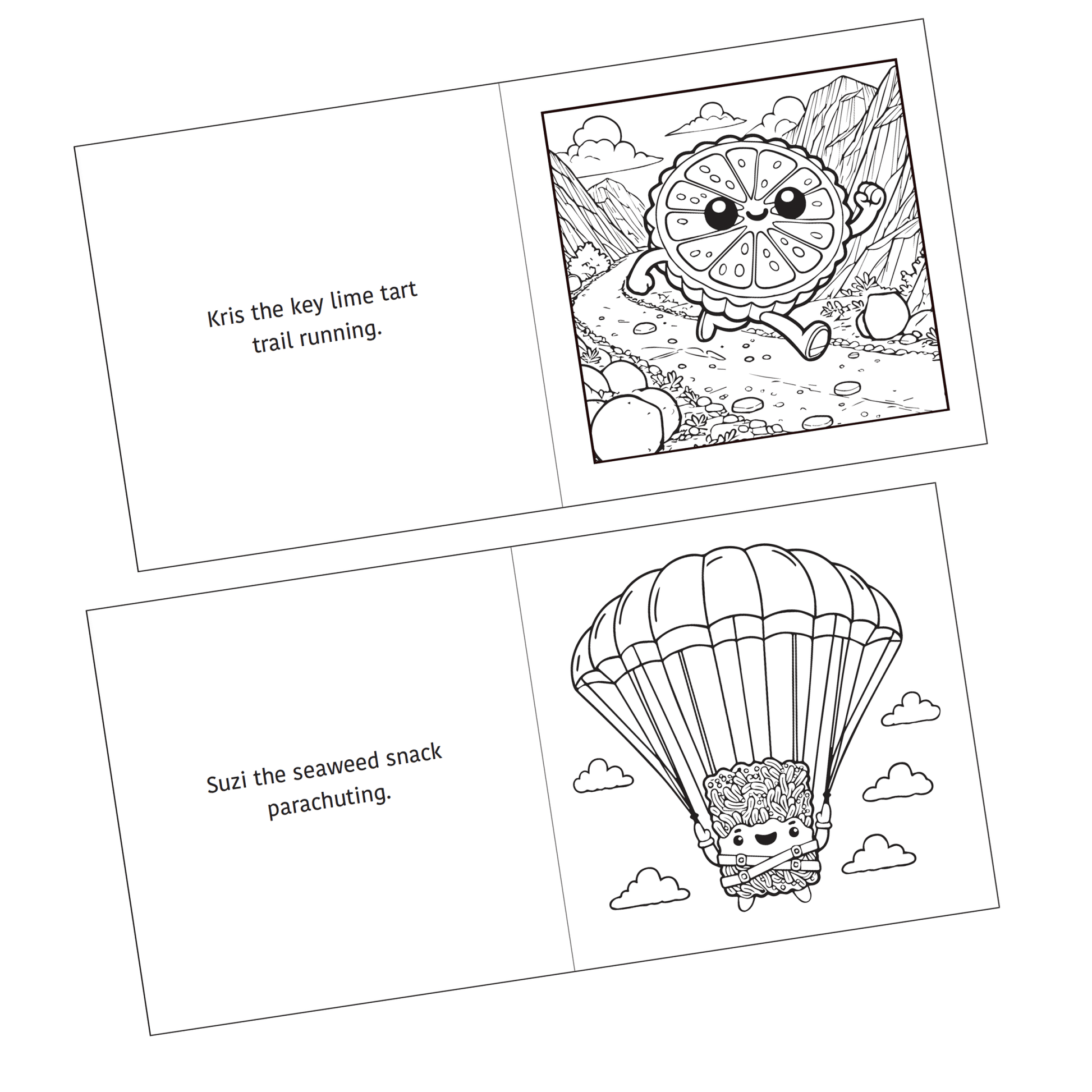 Detail of two coloring pages shown from the Active Snacks Coloring Book Volume 3 Adventure Edition. Kris the key lime tart trail running is on one page and the other shows Suzi the seaweed snack parachuting.