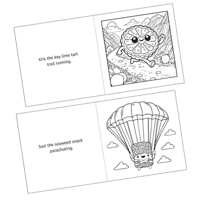 Detail of two coloring pages shown from the Active Snacks Coloring Book Volume 3 Adventure Edition. Kris the key lime tart trail running is on one page and the other shows Suzi the seaweed snack parachuting.