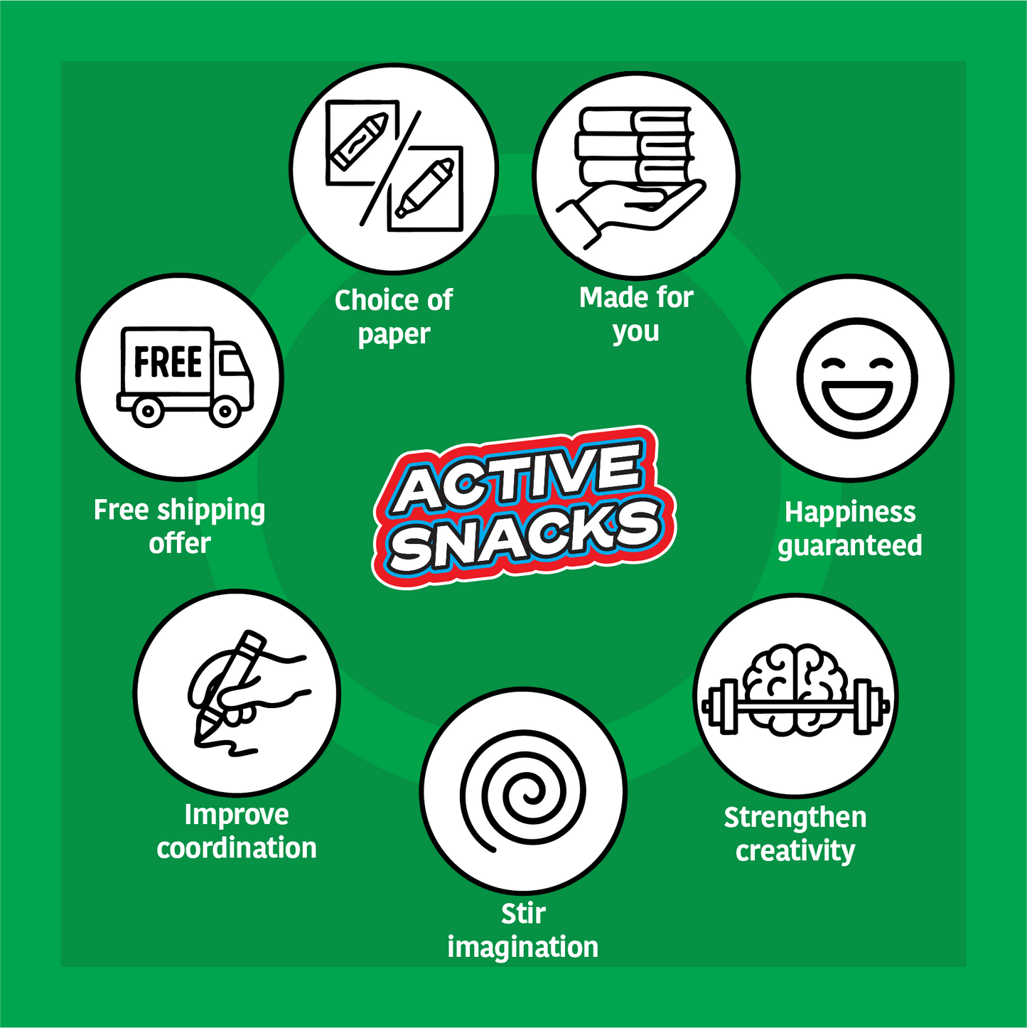 Promotional graphic for Active Snacks with icons and text on a green background. The "Active Snacks" logo is in the center and s surrounded by 7 icons and phrases. The phrases read: "Improve coordination", "Stir imagination", "Strengthen creativity", "Happiness guaranteed", "Made for you", "Choice of  paper" and "Free shipping offer."