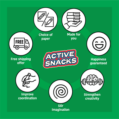 Promotional graphic for Active Snacks with icons and text on a green background. The "Active Snacks" logo is in the center and s surrounded by 7 icons and phrases. The phrases read: "Improve coordination", "Stir imagination", "Strengthen creativity", "Happiness guaranteed", "Made for you", "Choice of  paper" and "Free shipping offer."