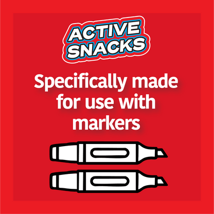 Active Snacks promotional material on a red background. The "Active Snacks" logo is shown with the text "Specifically made for use with markers" with illustrations of markers.