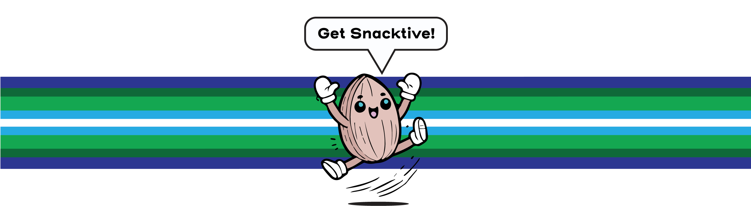 Cartoon character almond named Ally the Almond jumping up with a speech bubble saying 'Get Snacktive!' on a striped background