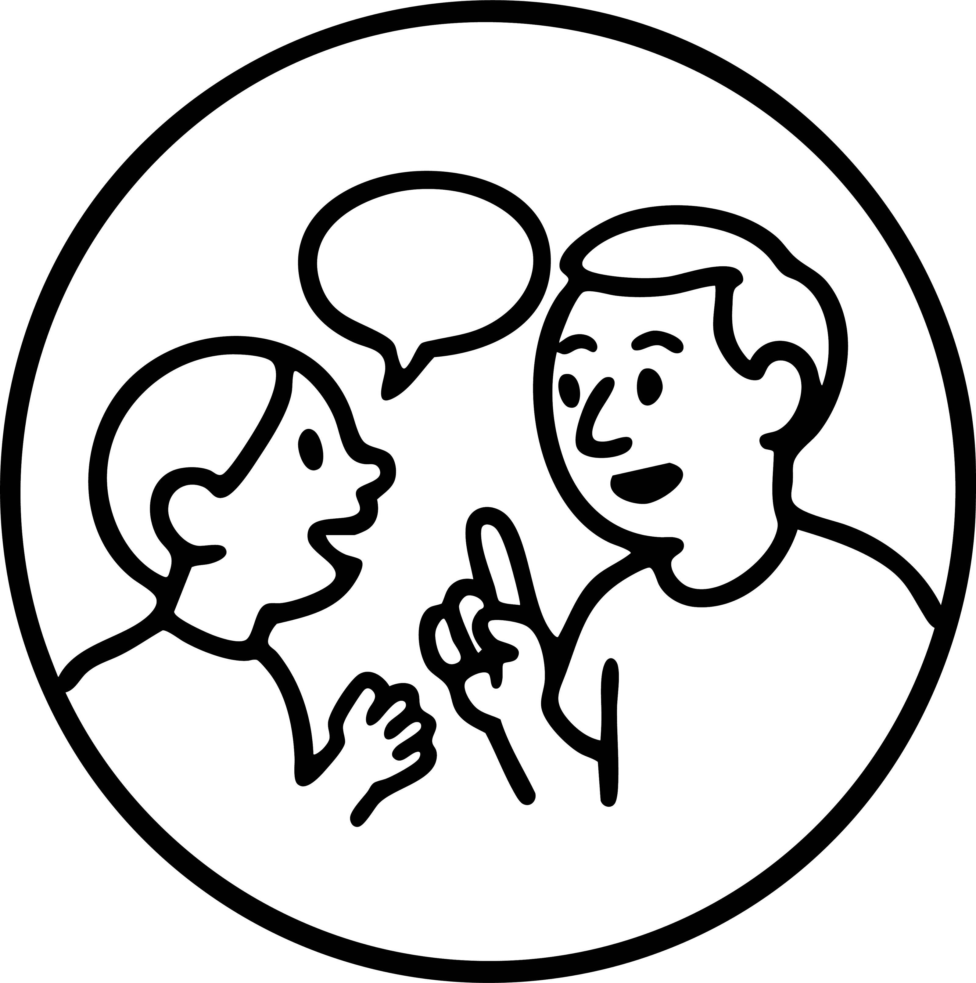 Illustration of two people, a father and child, having a conversation with speech bubbles, inside a circular border.