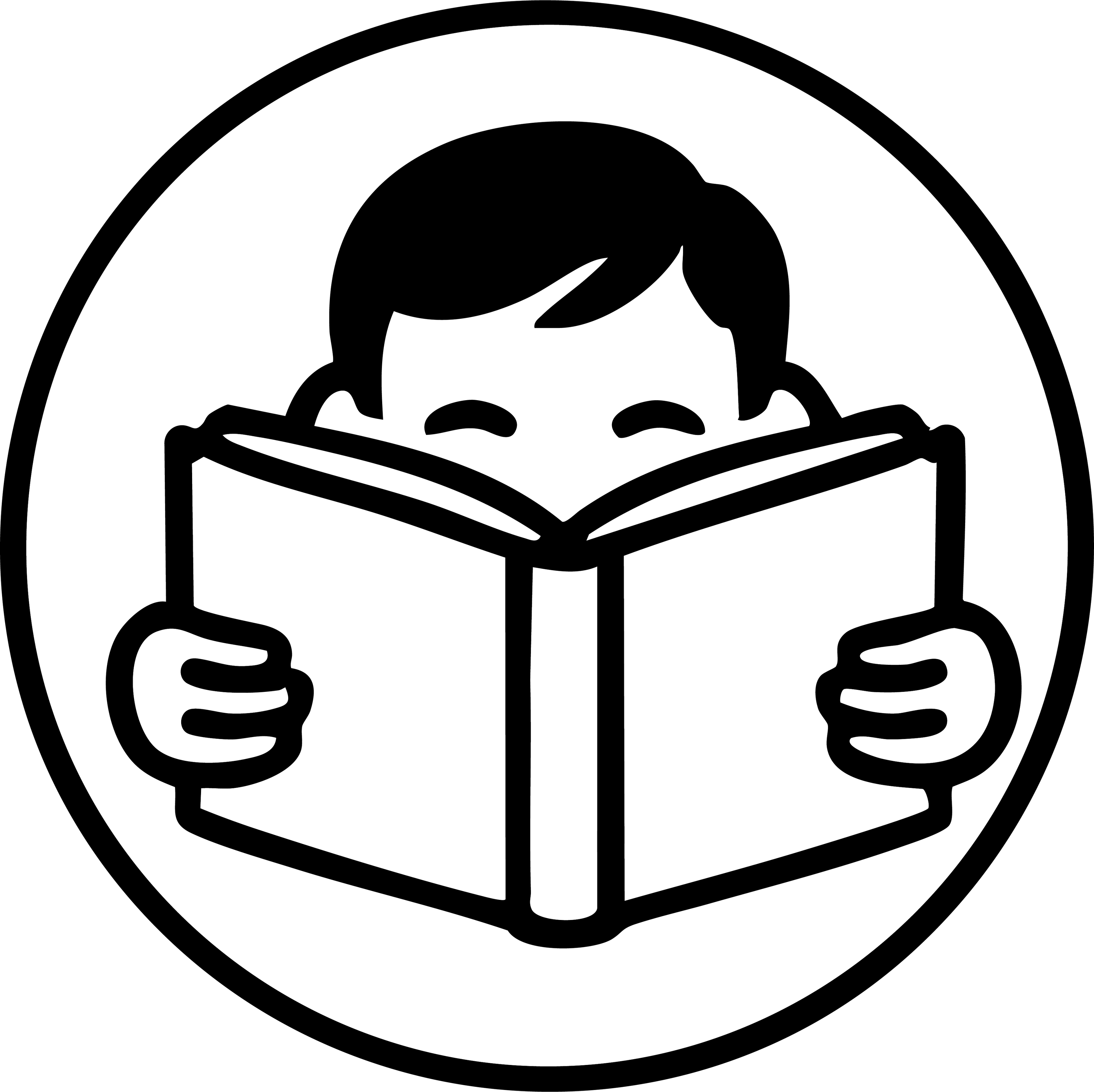 Black and white icon of a boy reading a book within a circular border