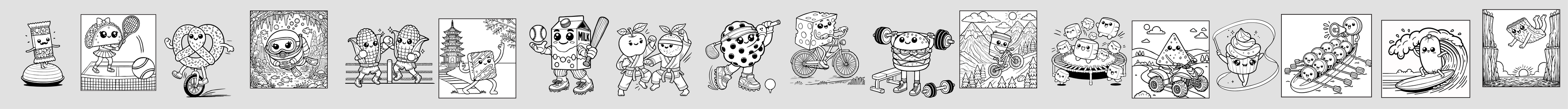 Row of Snacktives cartoon character illustrations with various poses and expressions from the Active Snacks series of coloring books.