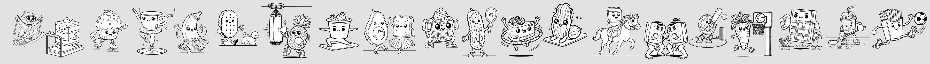 Row of Snacktives cartoon character illustrations with various poses and expressions on a light grey background from the Active Snacks series of coloring books.